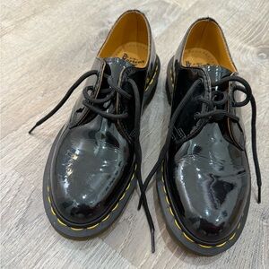 Dr. Martens Shiny Black Shoes with Yellow Stitching